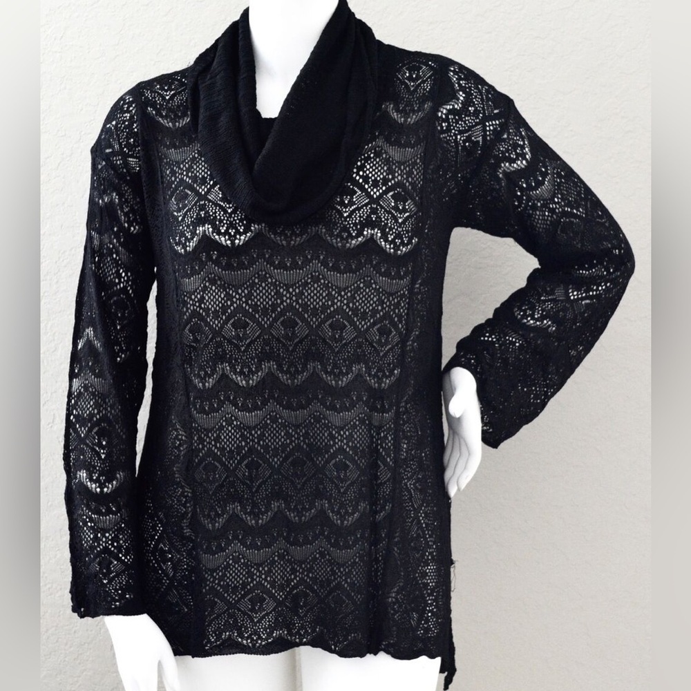 Umgee USA Lace Cowl Neck High-Low Hem Tunic Sweater Sheer Black Sz S TC0808
